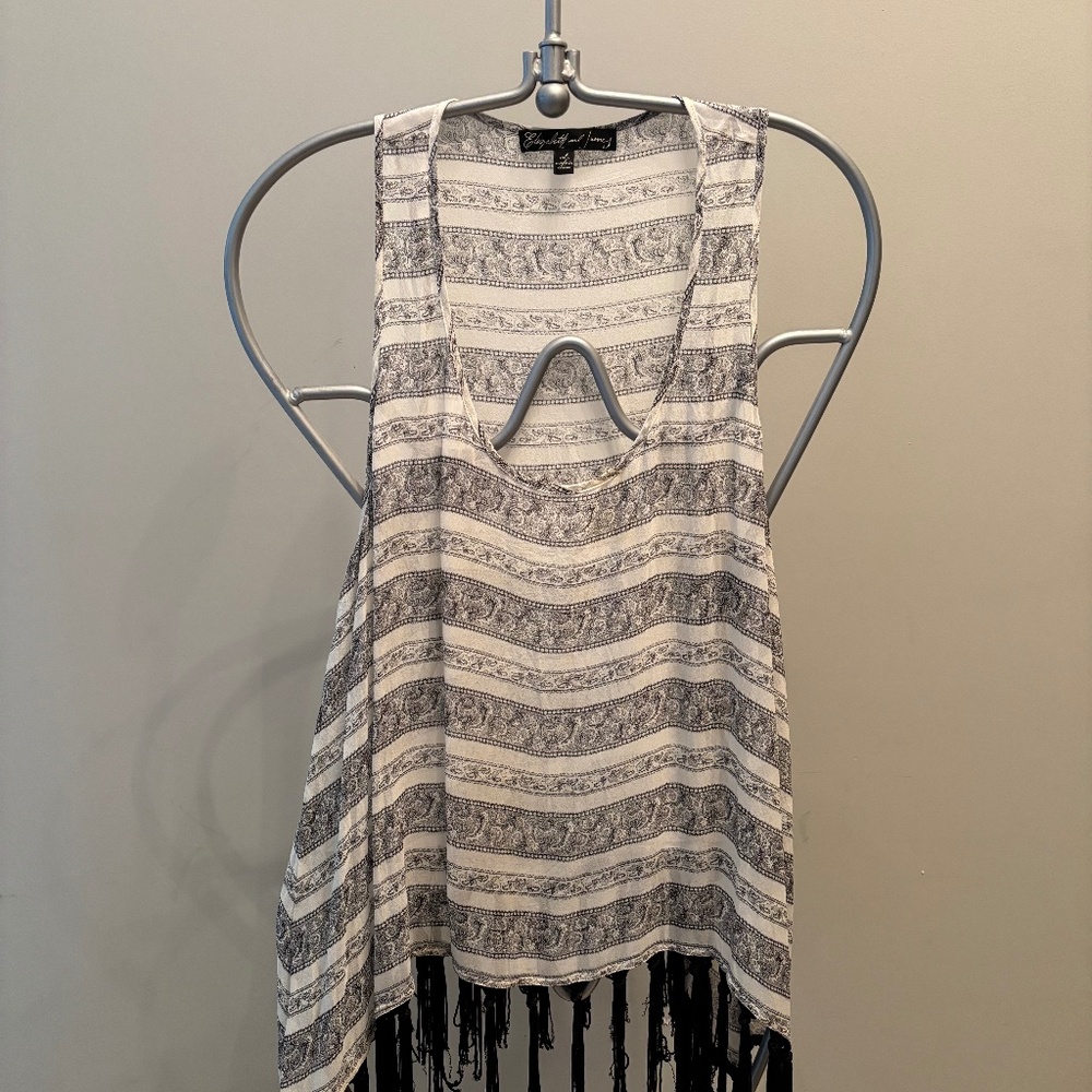 Elizabeth and James sleeveless black and white fringed top